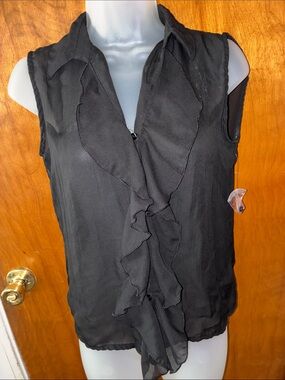 Sleeveless Black Ruffle Front Blouse - Women Tops